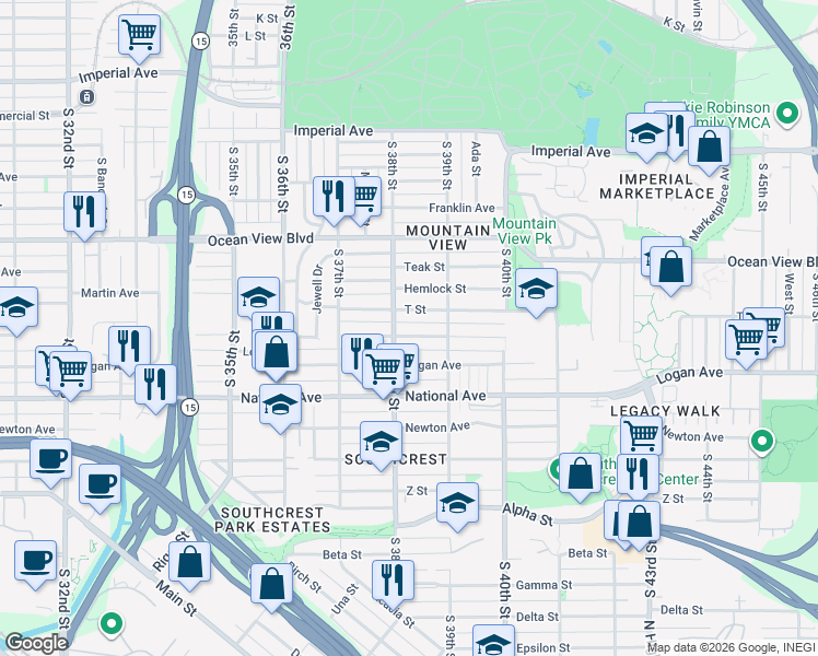 map of restaurants, bars, coffee shops, grocery stores, and more near 711 South 38th Street in San Diego