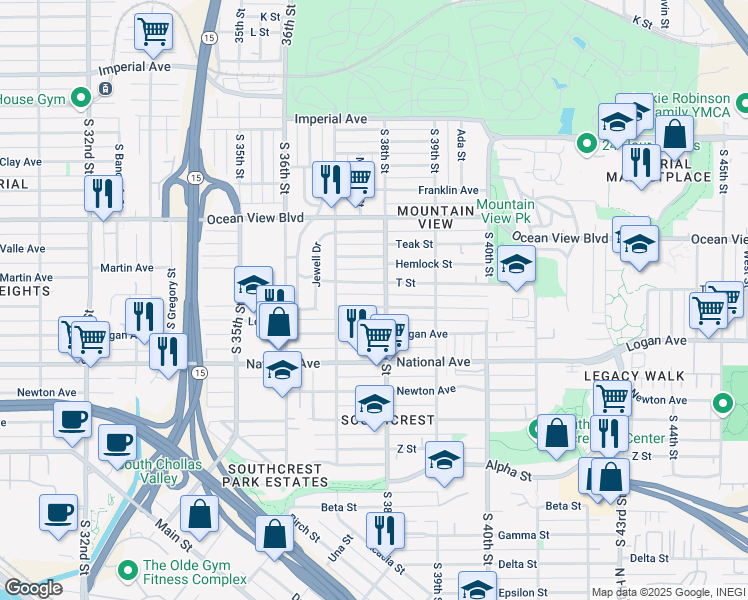 map of restaurants, bars, coffee shops, grocery stores, and more near 711 South 38th Street in San Diego