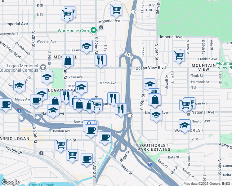 map of restaurants, bars, coffee shops, grocery stores, and more near 3272 Greely Avenue in San Diego
