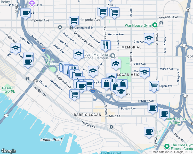 map of restaurants, bars, coffee shops, grocery stores, and more near 2342 Julian Avenue in San Diego