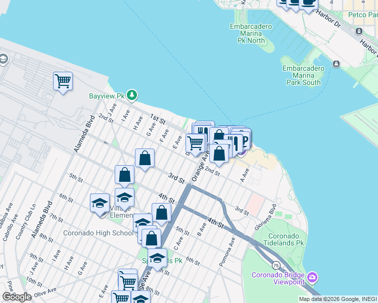 map of restaurants, bars, coffee shops, grocery stores, and more near 143 D Avenue in Coronado