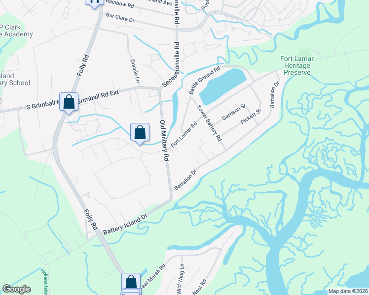 map of restaurants, bars, coffee shops, grocery stores, and more near 1437 Fort Lamar Road in Charleston