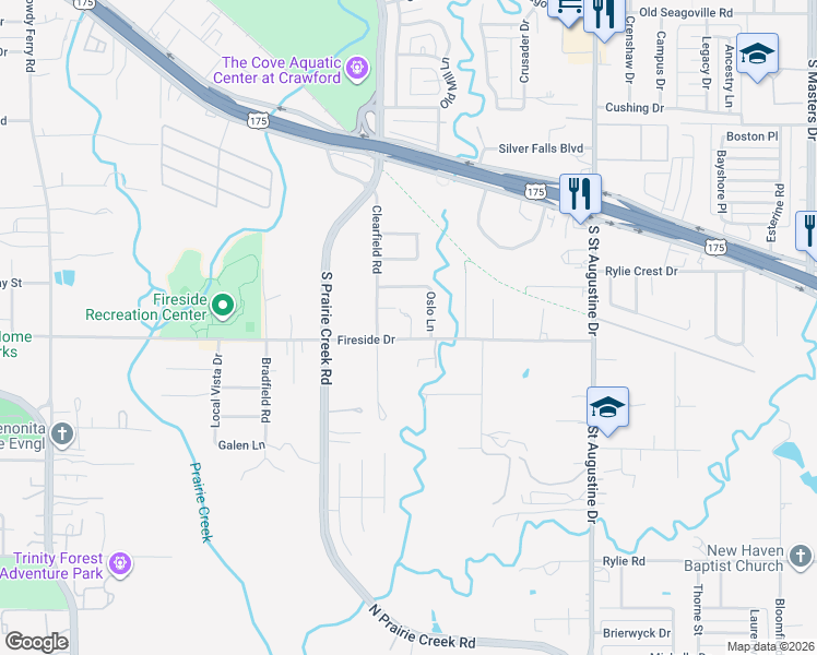 map of restaurants, bars, coffee shops, grocery stores, and more near 9021 Fireside Drive in Dallas
