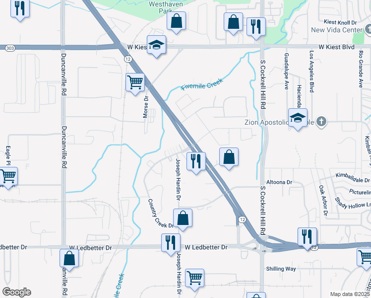 map of restaurants, bars, coffee shops, grocery stores, and more near 4603 Country Creek Drive in Dallas