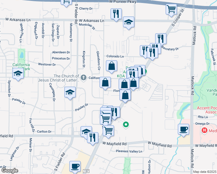 map of restaurants, bars, coffee shops, grocery stores, and more near 1224 California Lane in Arlington