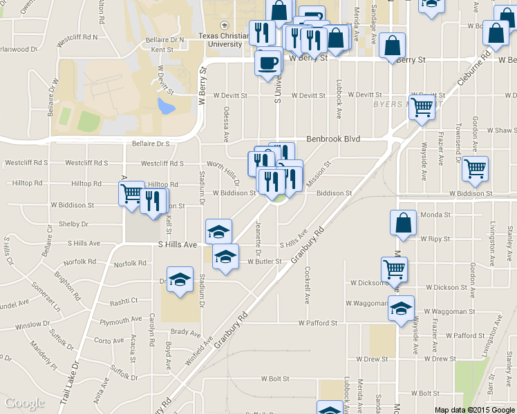 map of restaurants, bars, coffee shops, grocery stores, and more near 3513 Rogers Avenue in Fort Worth