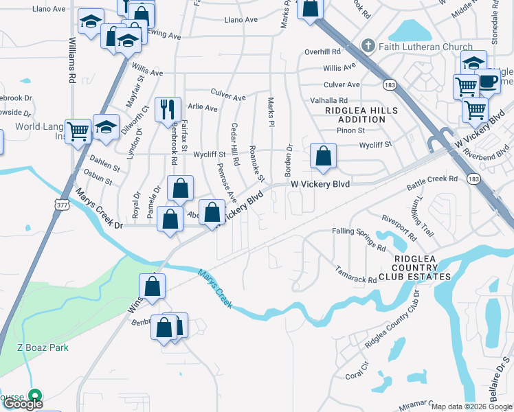 map of restaurants, bars, coffee shops, grocery stores, and more near 7341 West Vickery Boulevard in Benbrook