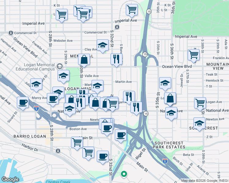 map of restaurants, bars, coffee shops, grocery stores, and more near 811 South 32nd Street in San Diego