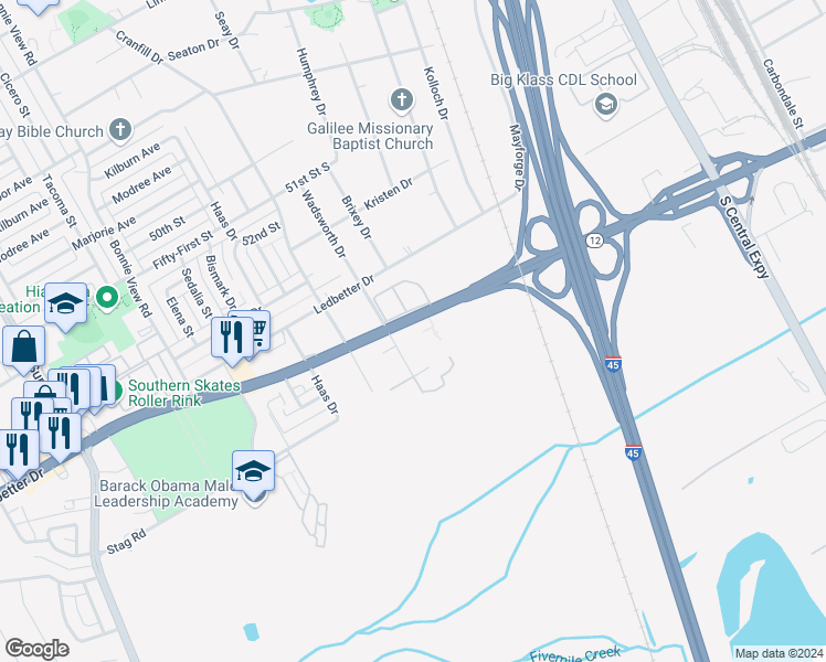 map of restaurants, bars, coffee shops, grocery stores, and more near 3432 Great Trinity Forest Boulevard in Dallas