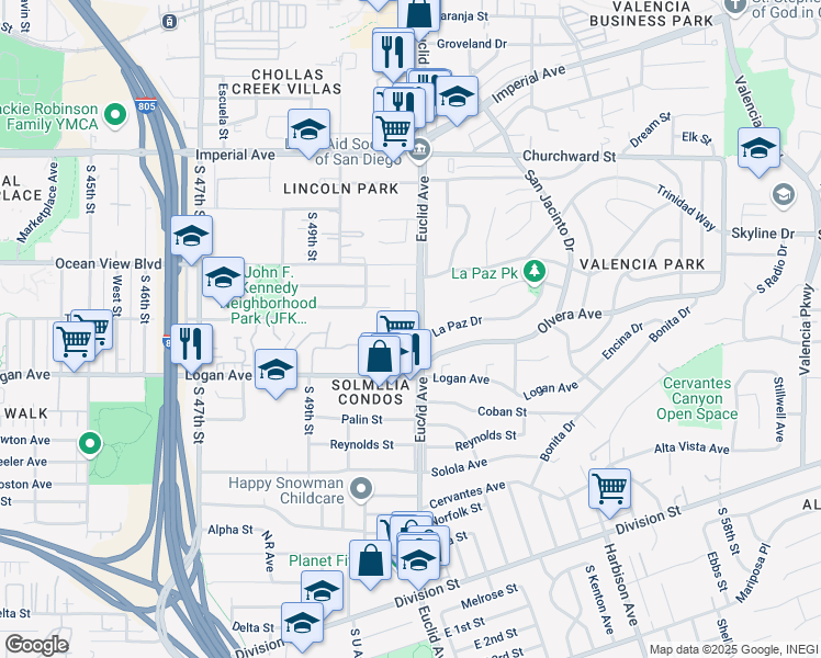 map of restaurants, bars, coffee shops, grocery stores, and more near 5082 La Paz Drive in San Diego