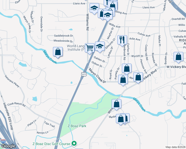 map of restaurants, bars, coffee shops, grocery stores, and more near 7625 Marys Creek Drive in Fort Worth