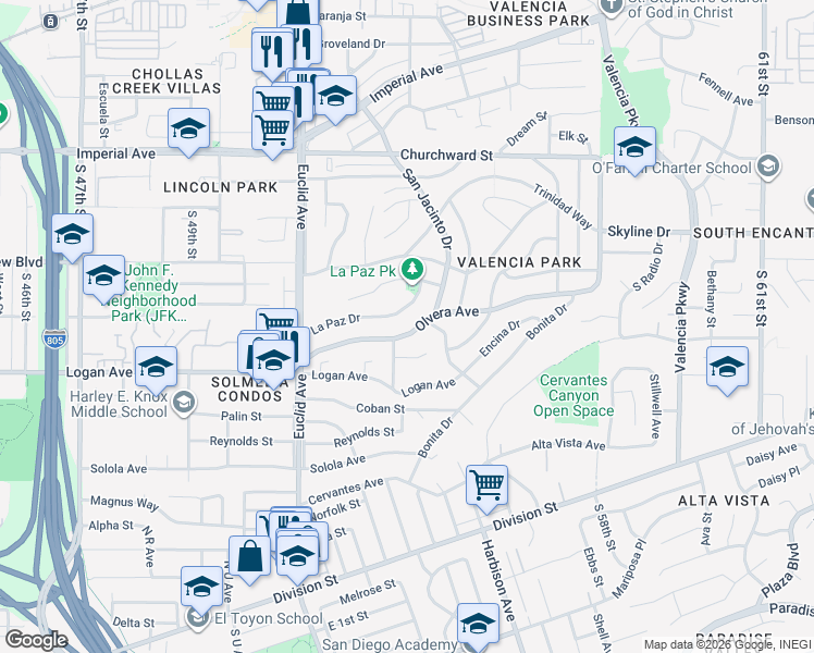 map of restaurants, bars, coffee shops, grocery stores, and more near 5304 Olvera Avenue in San Diego