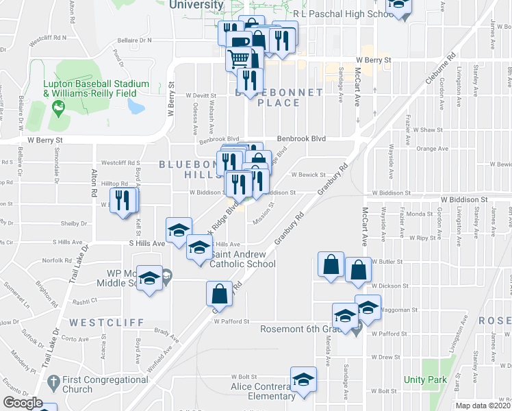 map of restaurants, bars, coffee shops, grocery stores, and more near 3522 Blue Bonnet Circle in Fort Worth