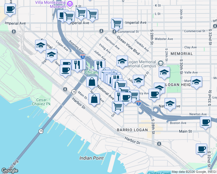 map of restaurants, bars, coffee shops, grocery stores, and more near 2151-55 Logan Avenue in San Diego