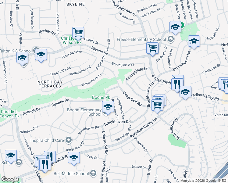 map of restaurants, bars, coffee shops, grocery stores, and more near 7449 Bullock Drive in San Diego