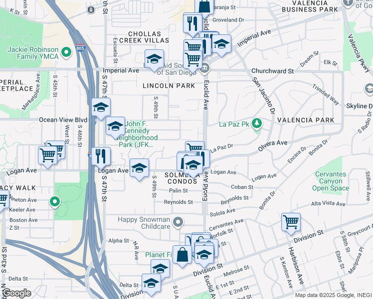 map of restaurants, bars, coffee shops, grocery stores, and more near 5026 La Paz Drive in San Diego