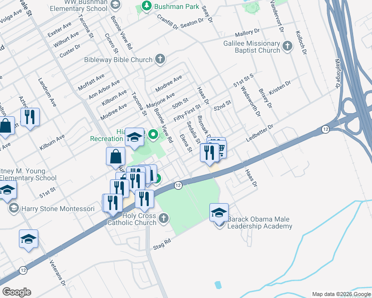 map of restaurants, bars, coffee shops, grocery stores, and more near 4855 Elena Street in Dallas