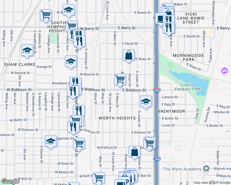 map of restaurants, bars, coffee shops, grocery stores, and more near 3503 South Main Street in Fort Worth