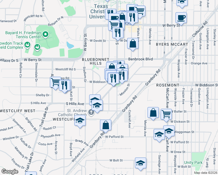 map of restaurants, bars, coffee shops, grocery stores, and more near 3513 Rogers Avenue in Fort Worth