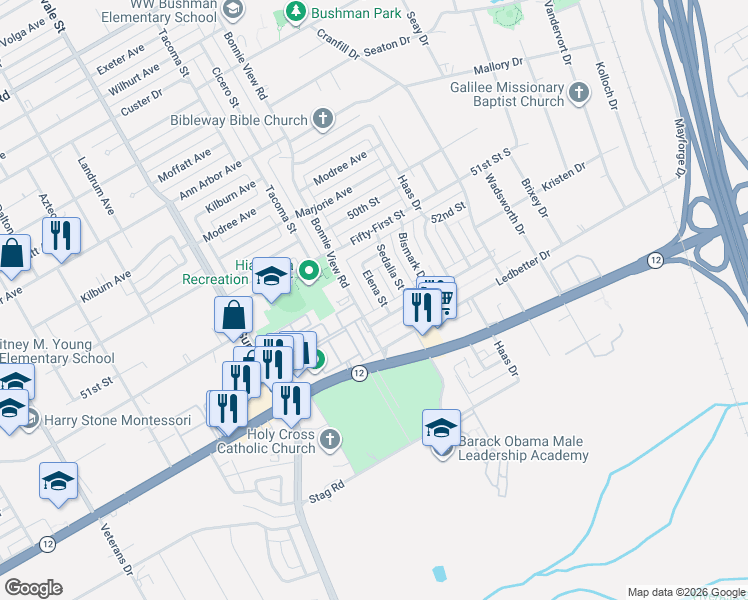 map of restaurants, bars, coffee shops, grocery stores, and more near 4855 Elena Street in Dallas