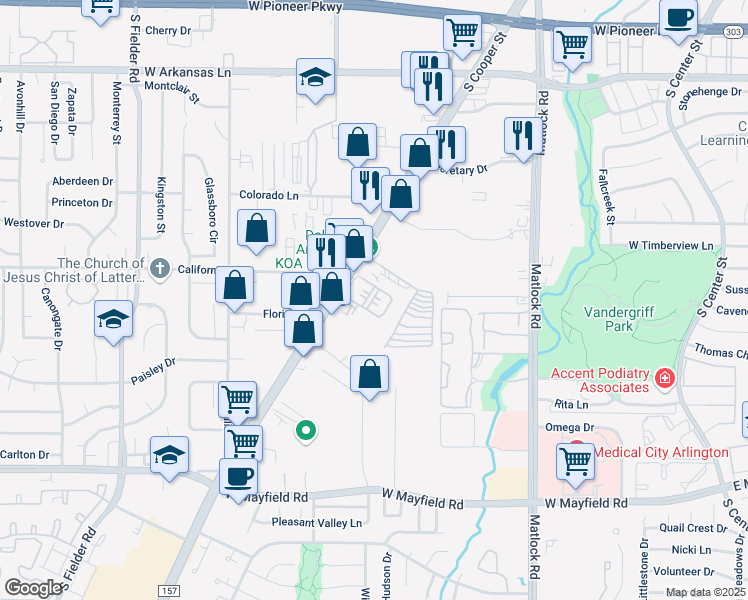 map of restaurants, bars, coffee shops, grocery stores, and more near 2811 South Cooper Street in Arlington