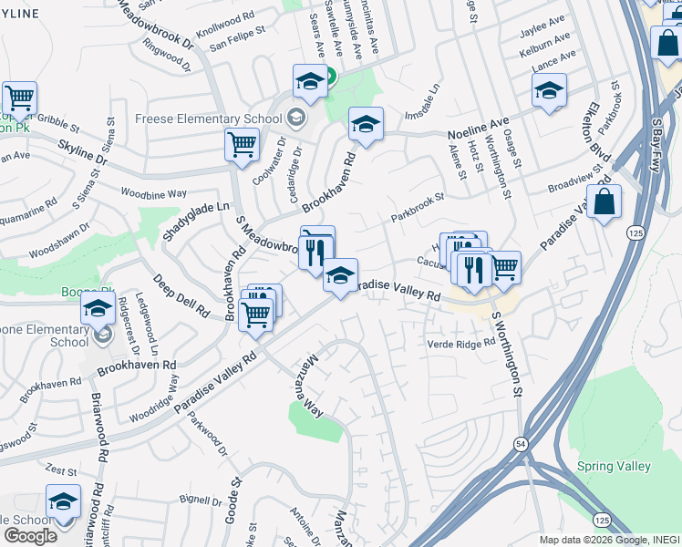 map of restaurants, bars, coffee shops, grocery stores, and more near 475 South Meadowbrook Drive in San Diego