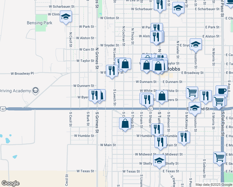 map of restaurants, bars, coffee shops, grocery stores, and more near 301 S Cochran St in Hobbs