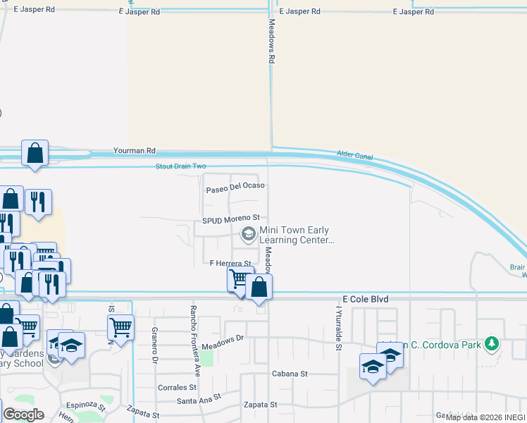 map of restaurants, bars, coffee shops, grocery stores, and more near 1068 Via Barranca in Calexico