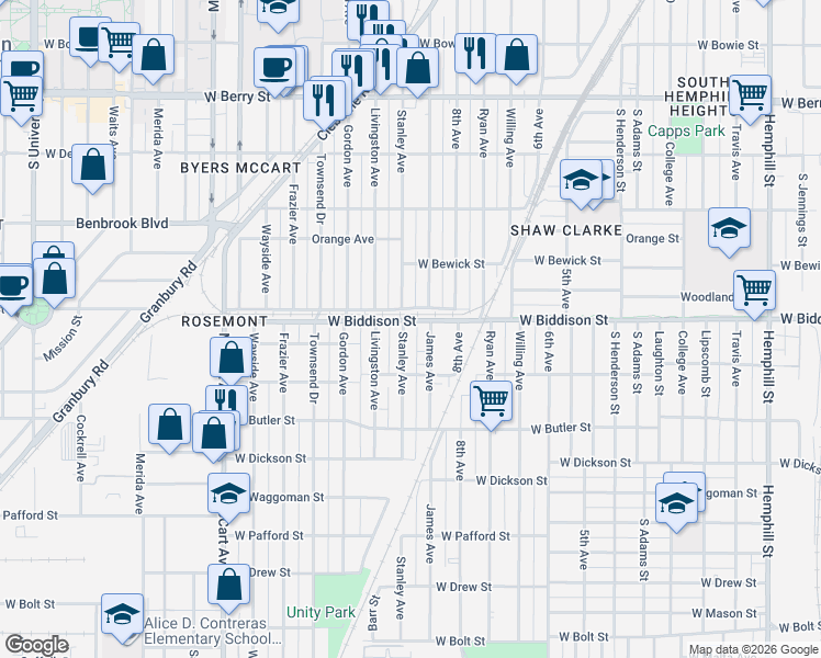 map of restaurants, bars, coffee shops, grocery stores, and more near 3509 Stanley Avenue in Fort Worth