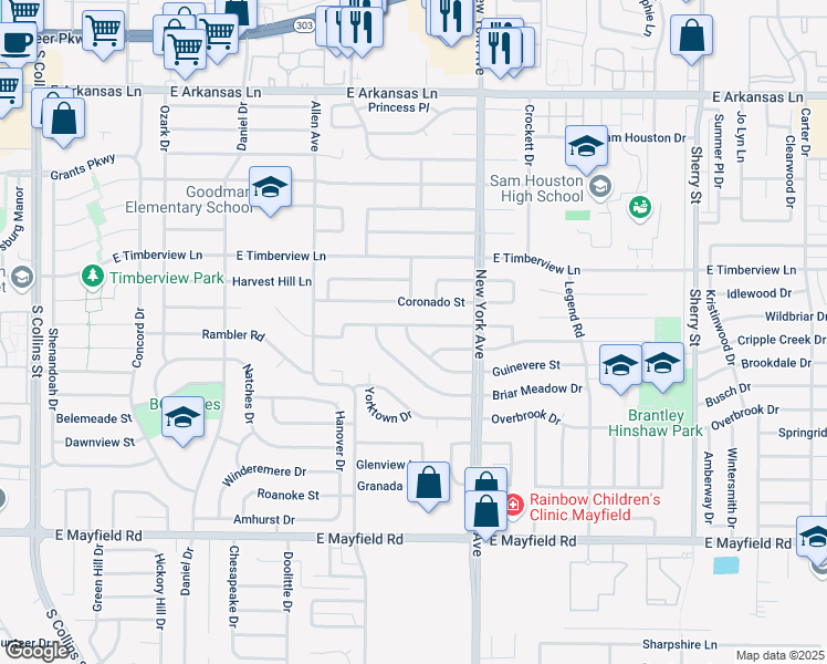 map of restaurants, bars, coffee shops, grocery stores, and more near 1802 Wickersham Drive in Arlington