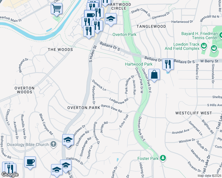map of restaurants, bars, coffee shops, grocery stores, and more near 4412 Dunwick Lane in Fort Worth