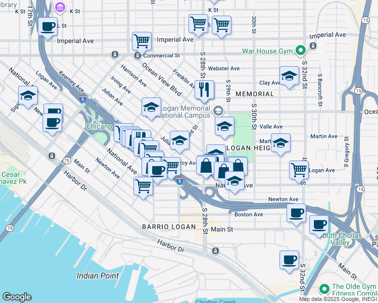 map of restaurants, bars, coffee shops, grocery stores, and more near 2342 Julian Avenue in San Diego