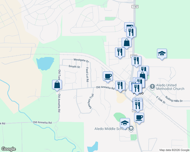 map of restaurants, bars, coffee shops, grocery stores, and more near 201 Meadow Lane in Aledo
