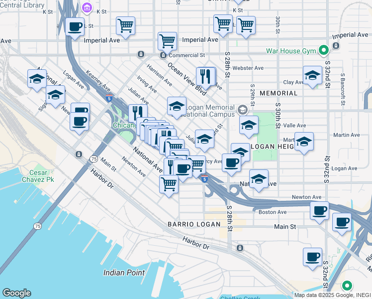 map of restaurants, bars, coffee shops, grocery stores, and more near 2216 Kearney Avenue in San Diego