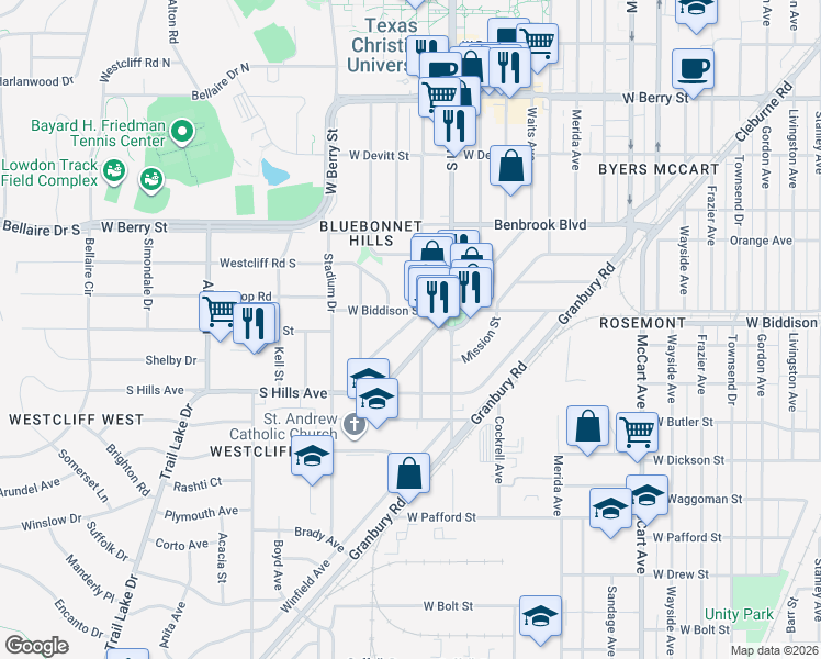 map of restaurants, bars, coffee shops, grocery stores, and more near 3513 Rogers Avenue in Fort Worth