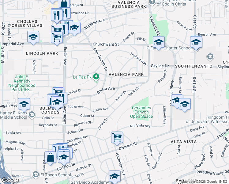 map of restaurants, bars, coffee shops, grocery stores, and more near 5472 San Onofre Terrace in San Diego