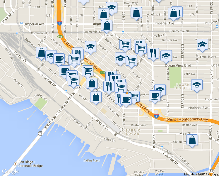 map of restaurants, bars, coffee shops, grocery stores, and more near in San Diego