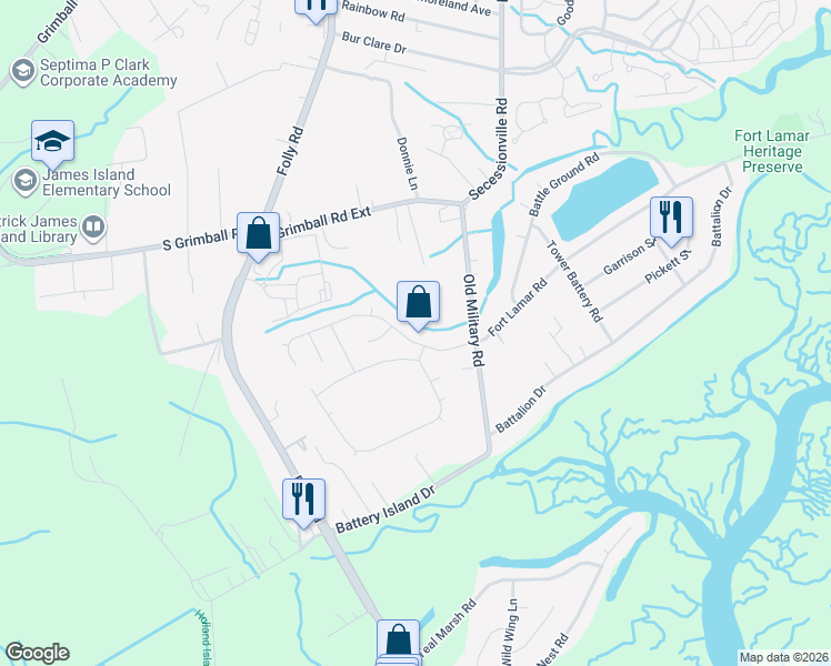 map of restaurants, bars, coffee shops, grocery stores, and more near 1540 Ocean Neighbors Boulevard in Charleston