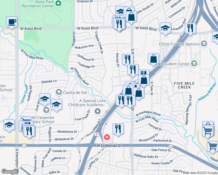 map of restaurants, bars, coffee shops, grocery stores, and more near 3723 Legendary Lane in Dallas
