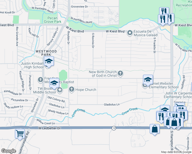 map of restaurants, bars, coffee shops, grocery stores, and more near 3603 West Jeffaline Lane in Dallas