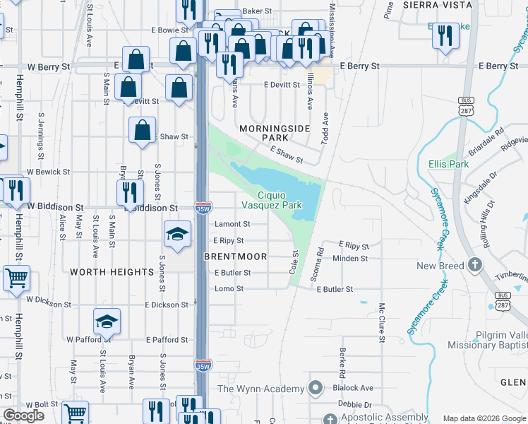 map of restaurants, bars, coffee shops, grocery stores, and more near 924 East Biddison Street in Fort Worth