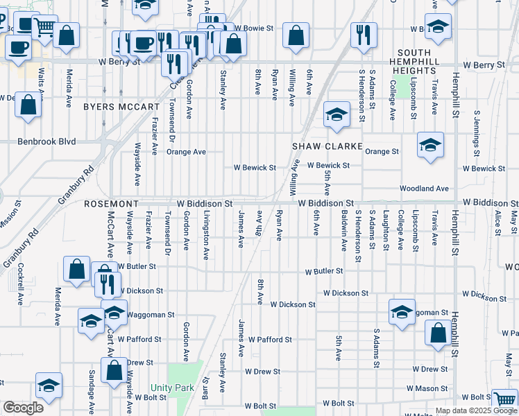 map of restaurants, bars, coffee shops, grocery stores, and more near 3500 8th Avenue in Fort Worth