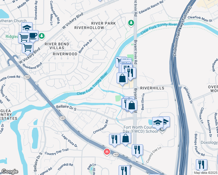 map of restaurants, bars, coffee shops, grocery stores, and more near 3964 Watercourse Drive in Fort Worth