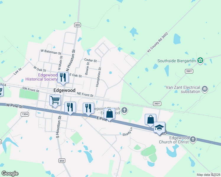 map of restaurants, bars, coffee shops, grocery stores, and more near 608 East Oak Street in Edgewood