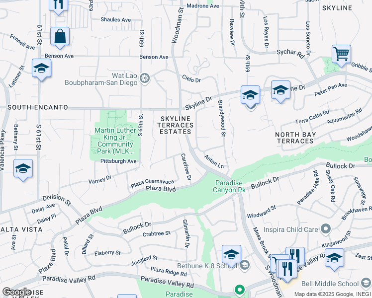 map of restaurants, bars, coffee shops, grocery stores, and more near 695 Carefree Drive in San Diego