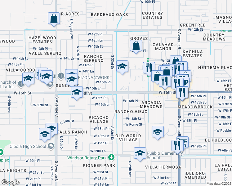 map of restaurants, bars, coffee shops, grocery stores, and more near 3200 West 16th Street in Yuma