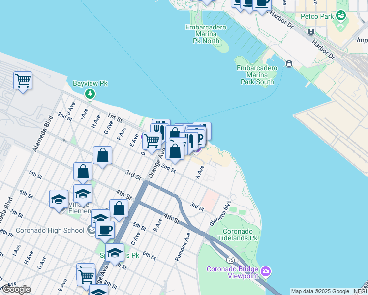 map of restaurants, bars, coffee shops, grocery stores, and more near 1133 1st Street in Coronado