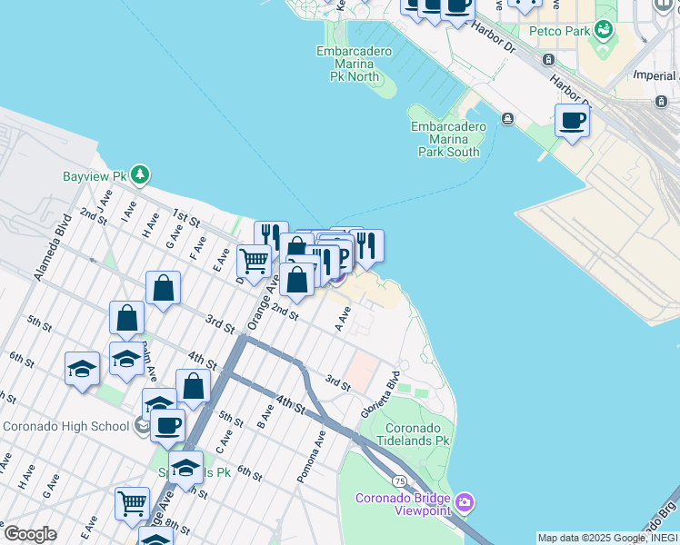 map of restaurants, bars, coffee shops, grocery stores, and more near 1200 Marine Way in Coronado