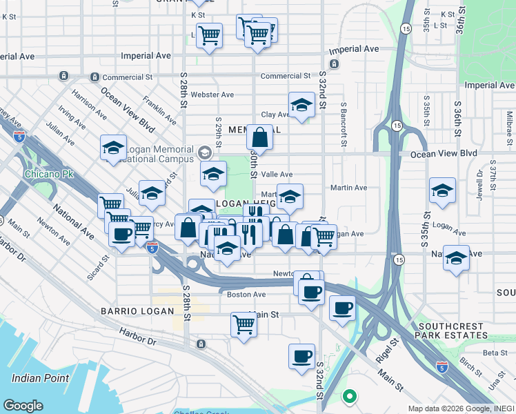 map of restaurants, bars, coffee shops, grocery stores, and more near 731 South 30th Street in San Diego