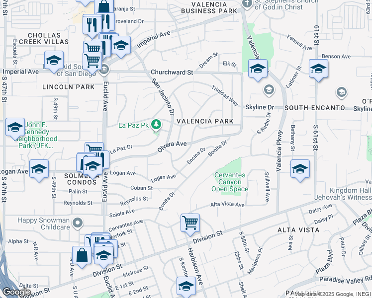map of restaurants, bars, coffee shops, grocery stores, and more near 5472 San Onofre Terrace in San Diego